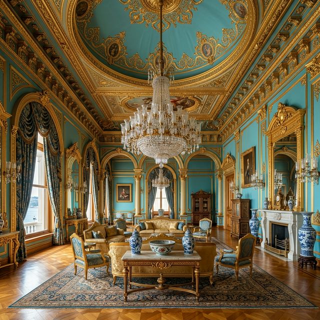 The Blue Hall with turquoise walls and crystal chandelier