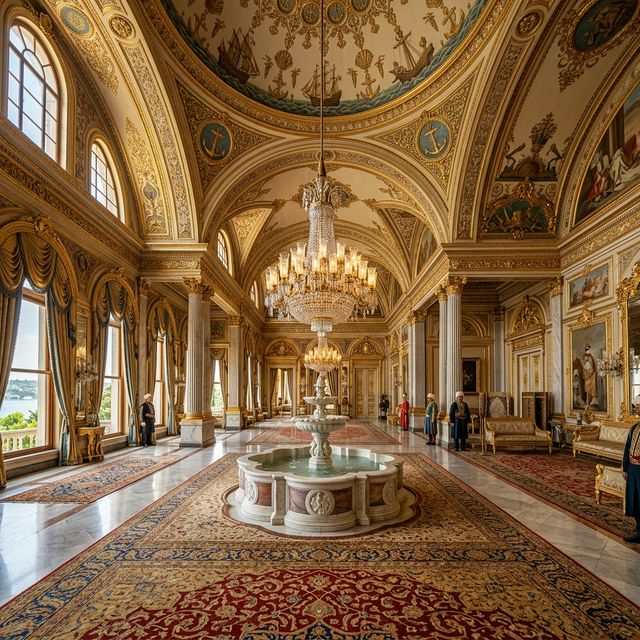 Grand reception hall of Beylerbeyi Palace with crystal chandeliers and marble fountain